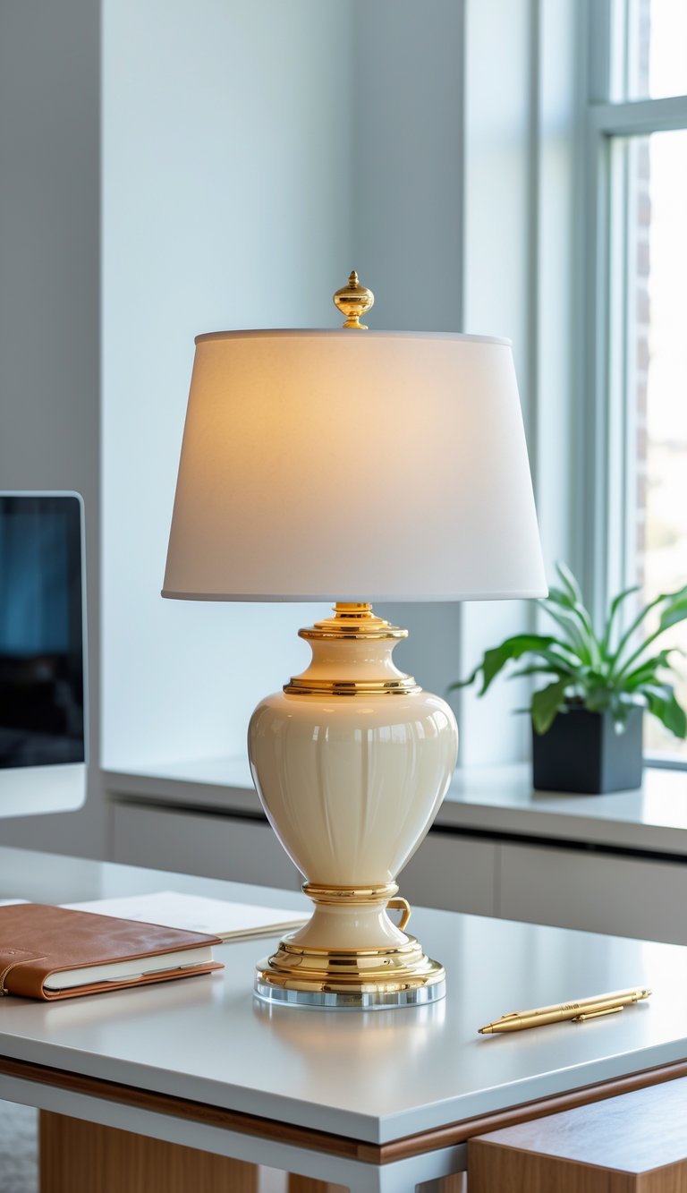 A cream ceramic lamp with gold accents glowing softly on an office desk surrounded by a notebook, pen, and a small plant.