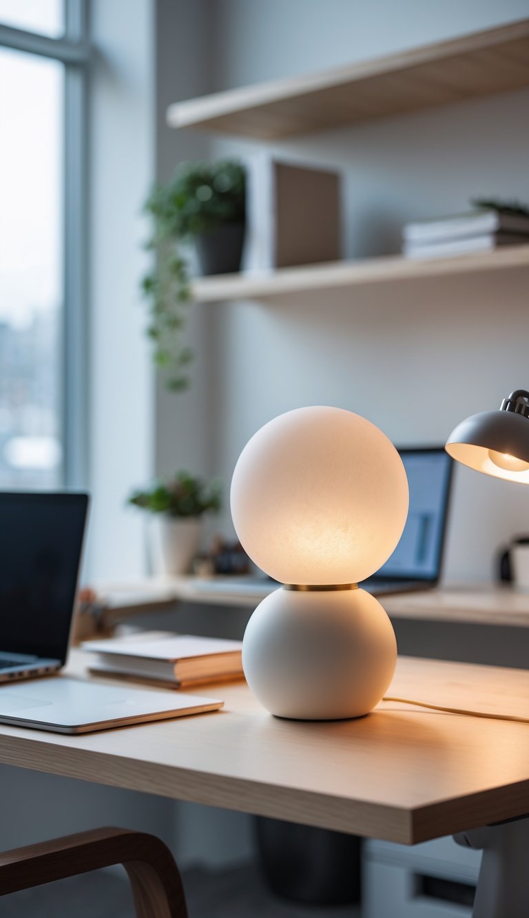 A table lamp with an opal glass globe glowing softly on a wooden desk surrounded by office items including a laptop, notebook, and plant.