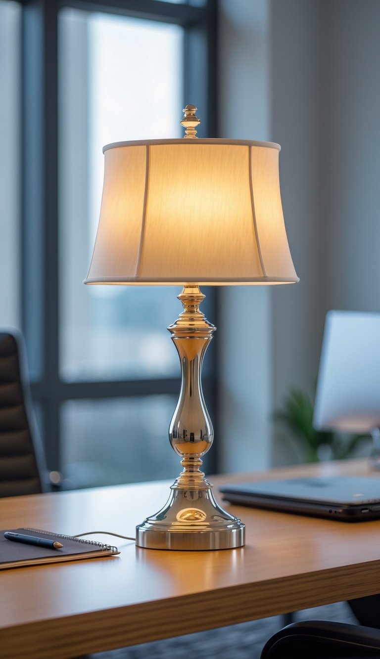 A table lamp with a polished nickel base and silk shade glowing softly on an office desk surrounded by office supplies.