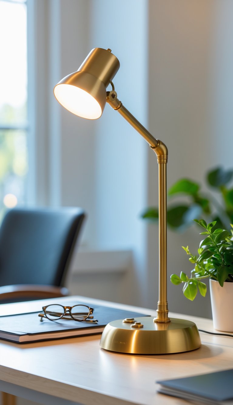 An adjustable brass task lamp glowing on a modern office desk with a notebook, eyeglasses, and a small plant.