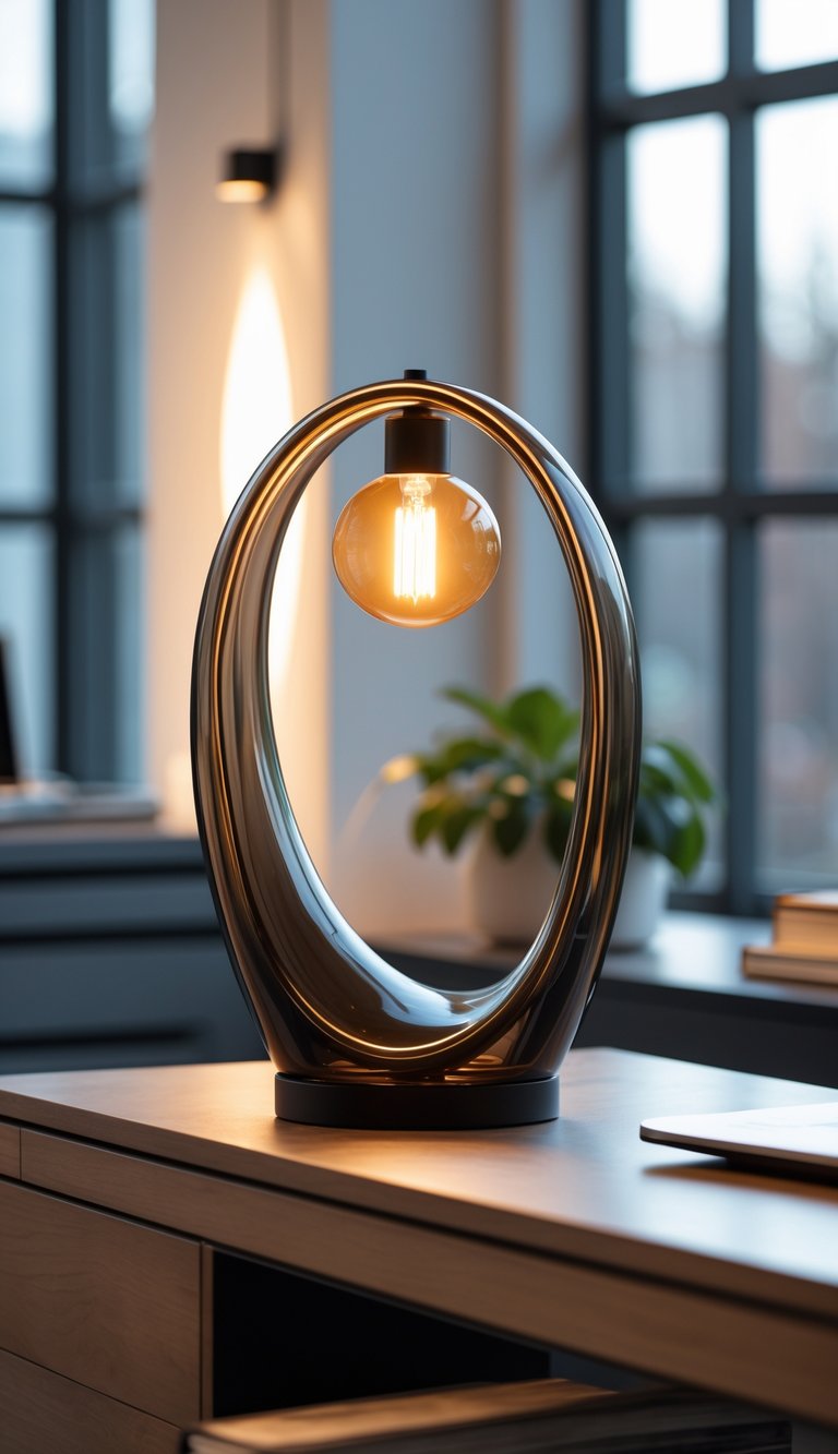 A table lamp with a curved smoked glass base and warm light on a wooden desk in an office with a laptop, books, and a plant.