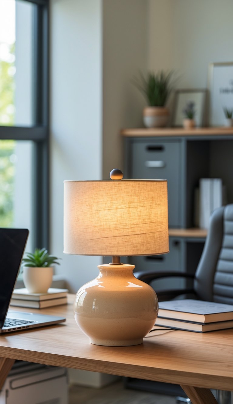 A beige ceramic table lamp glowing softly on a wooden desk in a tidy office with a laptop, books, and a plant nearby.