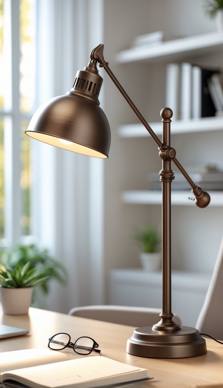 A metal swing-arm desk lamp on a wooden desk illuminating an open notebook and reading glasses in a home office with books and a plant in the background.