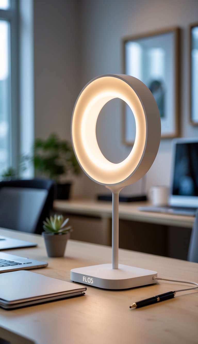 A modern office desk with a warm glowing LED ring lamp, a laptop, notebook, pen, and a small plant in the background.