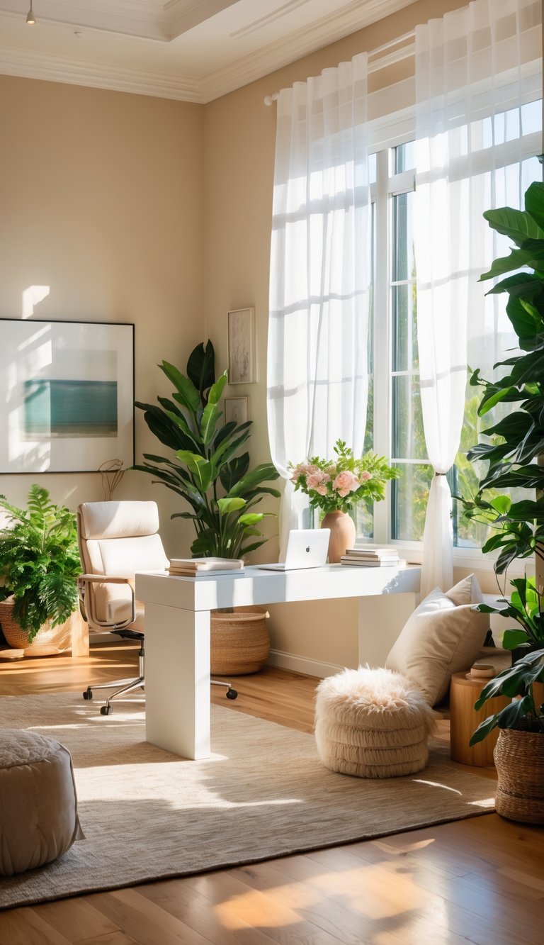 A sunlit office with large windows, light wooden furniture, green plants, and a desk with a laptop and flowers.