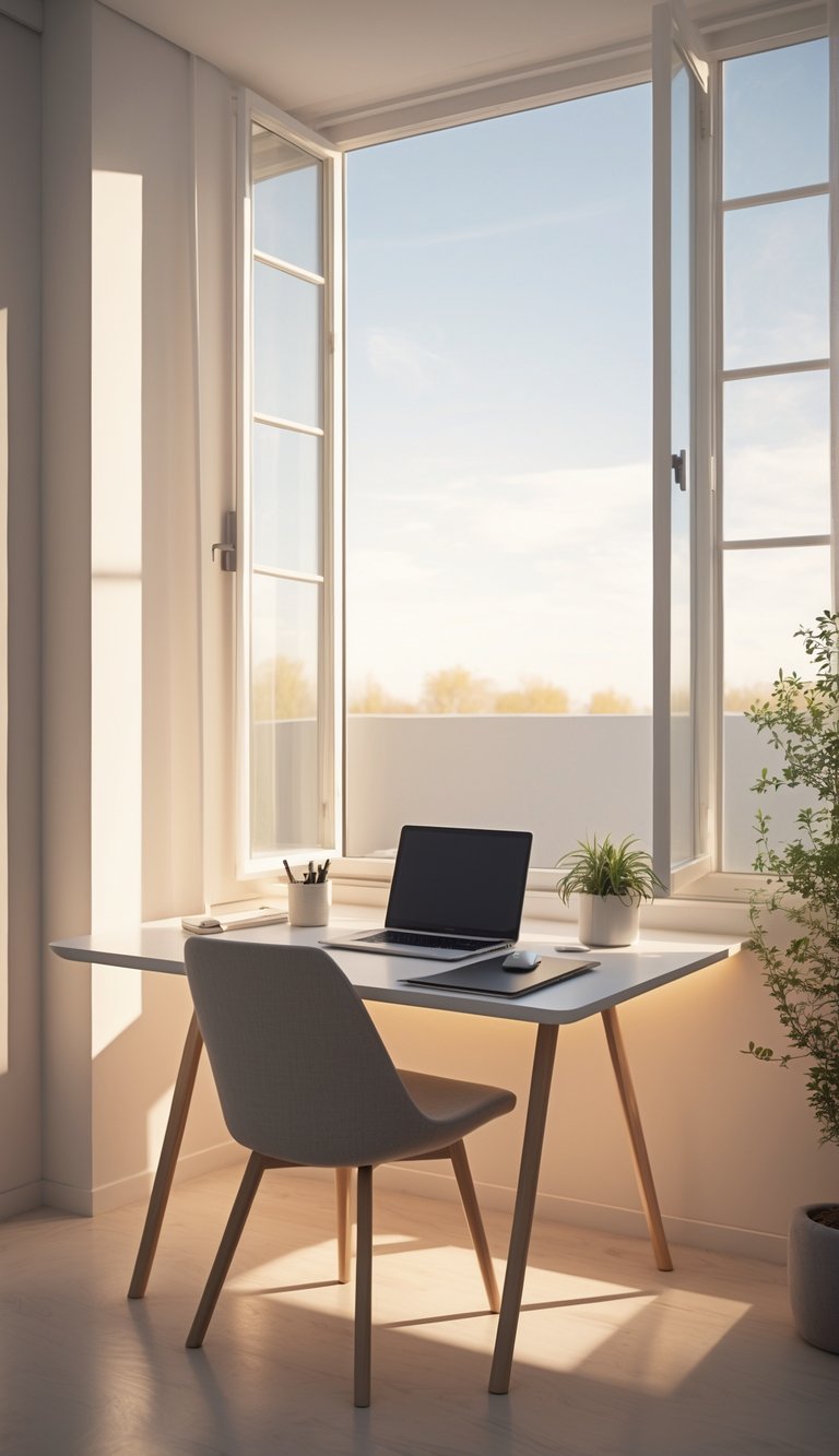 A home office desk positioned under a window with soft morning sunlight illuminating the workspace.
