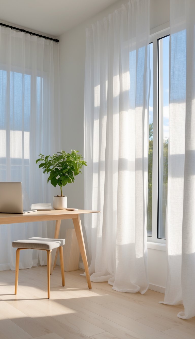 A bright home office with sheer white curtains diffusing sunlight, a wooden desk with a laptop, and a green plant near large windows.