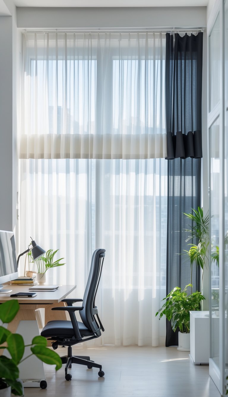 A modern office with a large window featuring layered sheer and blackout curtains, a wooden desk, chair, and indoor plants illuminated by natural light.