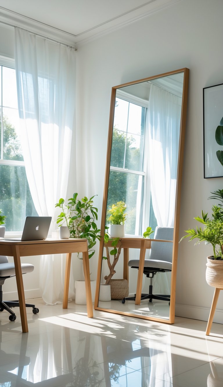 A bright office with a large floor mirror opposite a window reflecting natural sunlight, featuring a wooden desk, chair, and plants.