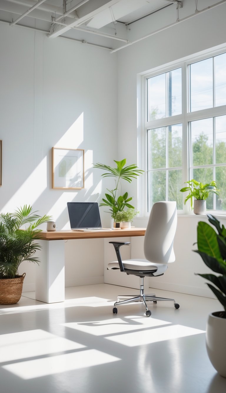 A bright office with white painted walls, large windows letting in natural light, a wooden desk, an ergonomic chair, and indoor plants.