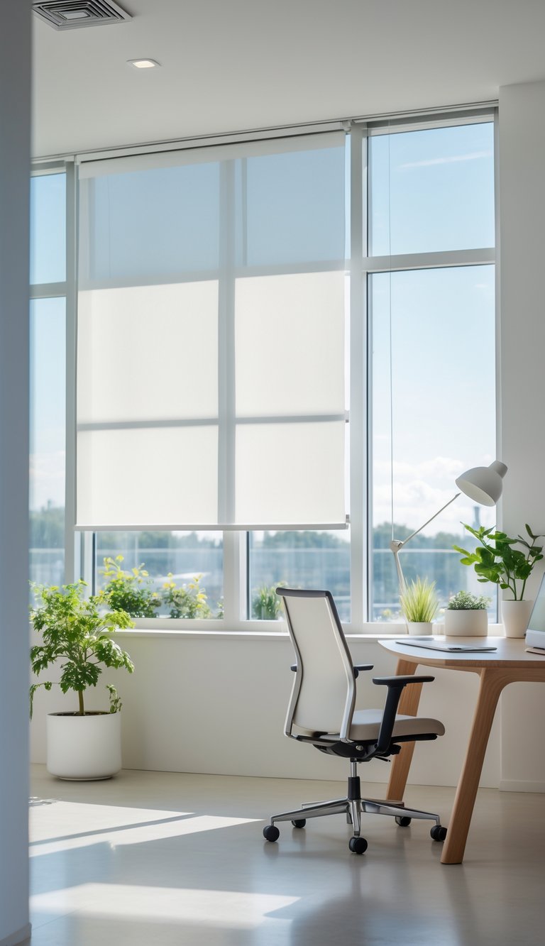 A bright office with a large window covered by a slim white roller blind that softens sunlight, featuring a wooden desk, chair, and plants.