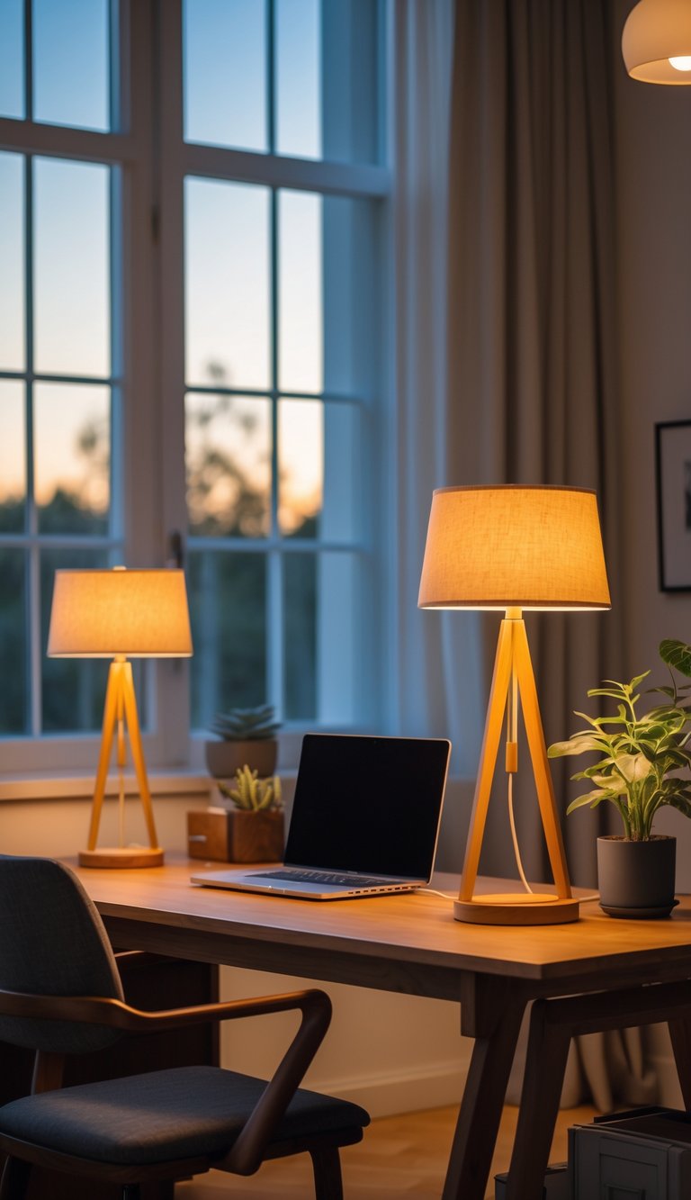A cozy office desk with warm-toned table lamps, natural light coming through windows, and neatly arranged office items.