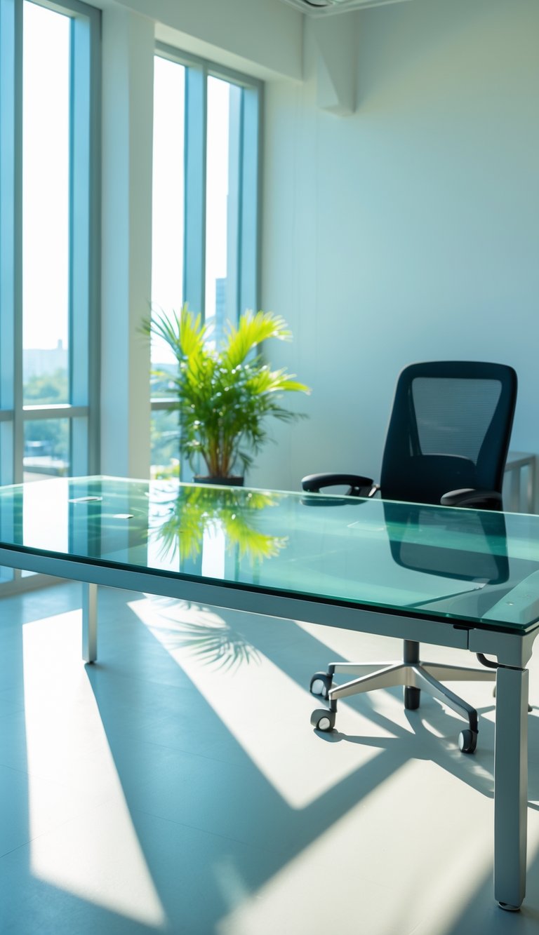 A bright office workspace with a glass-top desk near a large window letting in natural light, featuring a chair and a small potted plant.