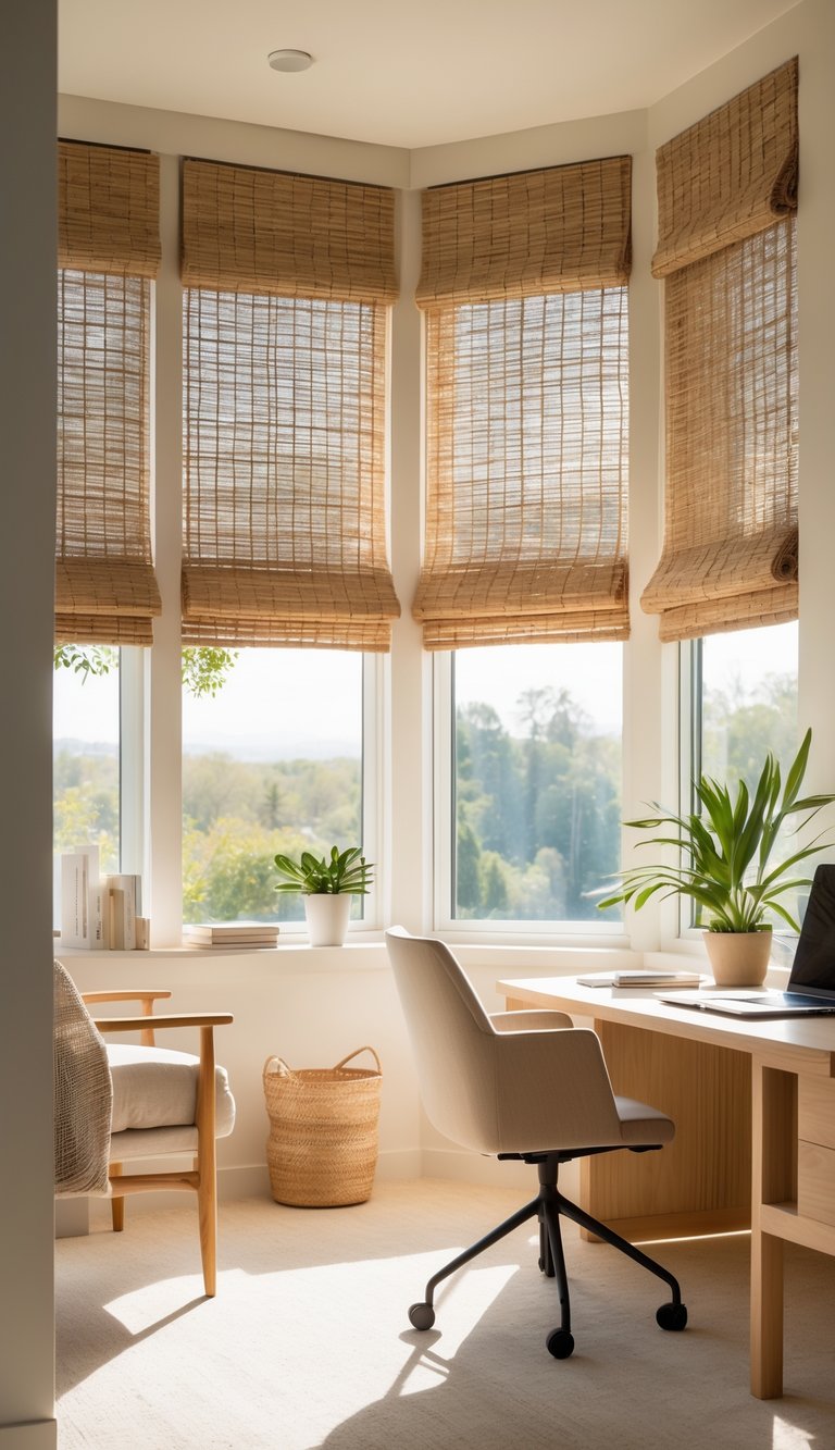 A bright office with large windows covered by woven bamboo shades, sunlight softly filtering into a workspace with wooden furniture and a laptop on the desk.