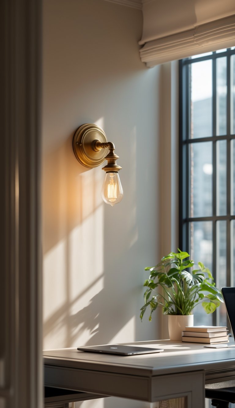 An office interior with a vintage brass wall sconce glowing warmly on the wall, a desk with a laptop and plants, illuminated by natural daylight from large windows.