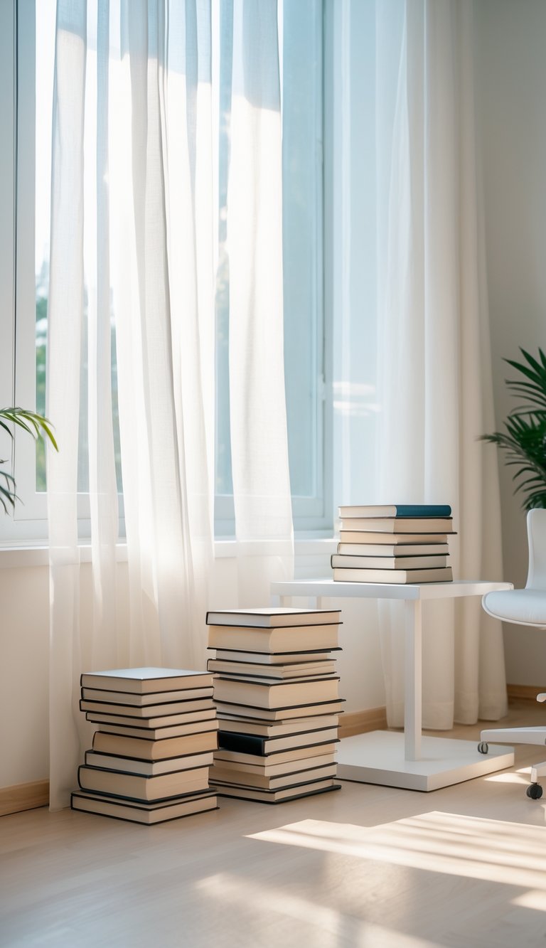 A sunlit office corner with low stacks of books arranged near a window letting in natural light.
