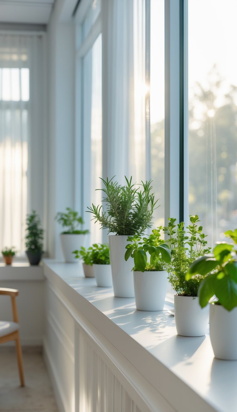 A bright office window sill with small potted herbs and natural light streaming through sheer curtains.