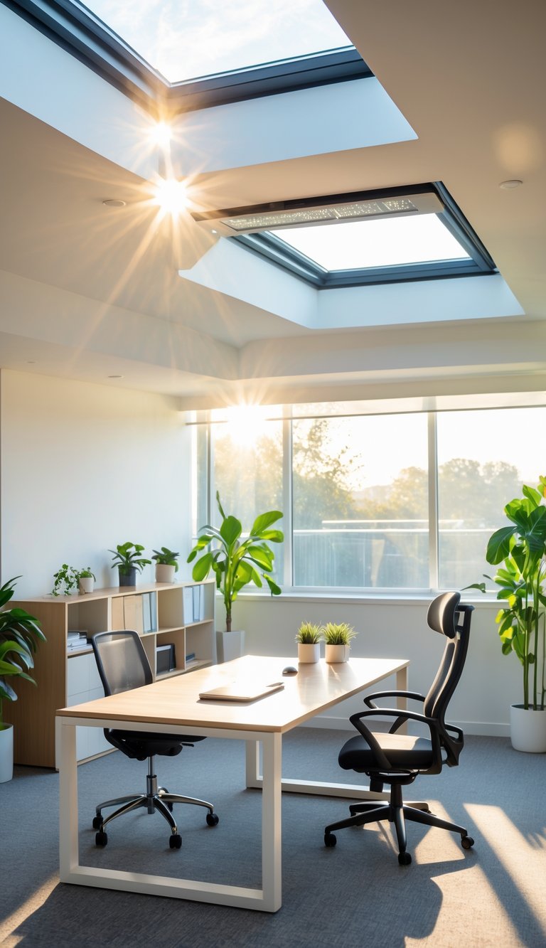A modern office with a skylight in the ceiling letting natural light illuminate the workspace.