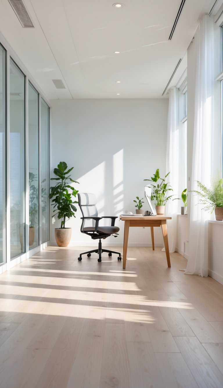 A bright office with light oak floors, a wooden desk, an ergonomic chair, and plants, illuminated by natural sunlight through large windows.