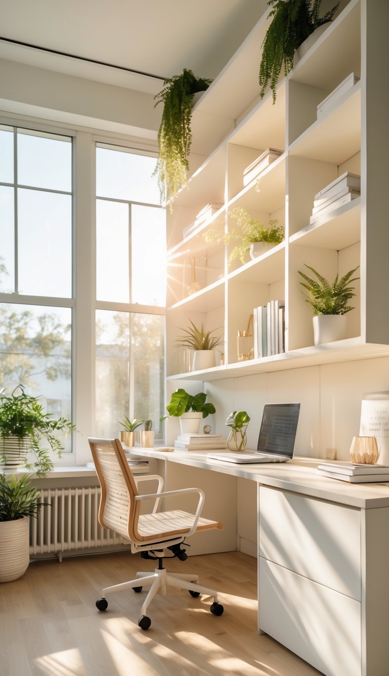 A modern office with open shelves placed perpendicular to a window, softly diffusing natural light into the room.