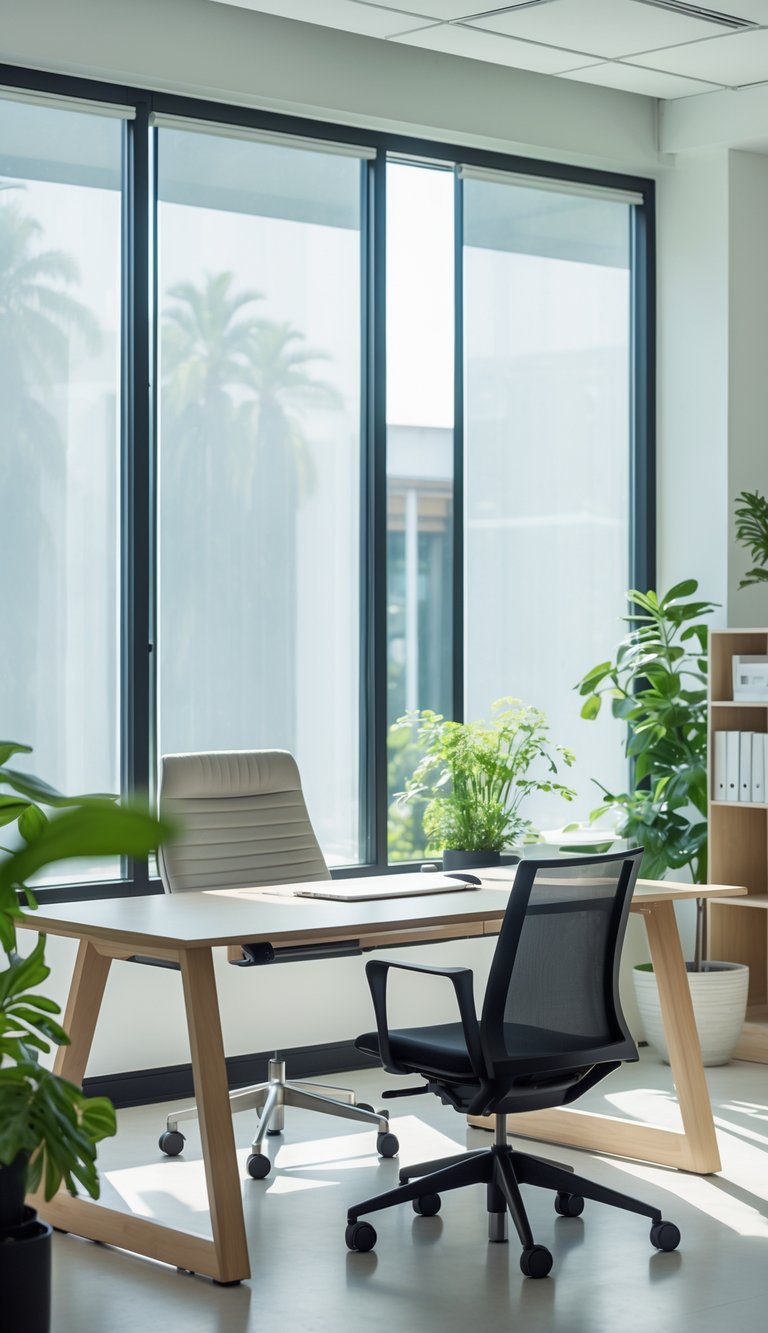 A modern office with large windows covered by translucent privacy film on the lower panes, allowing soft natural light to fill the space.