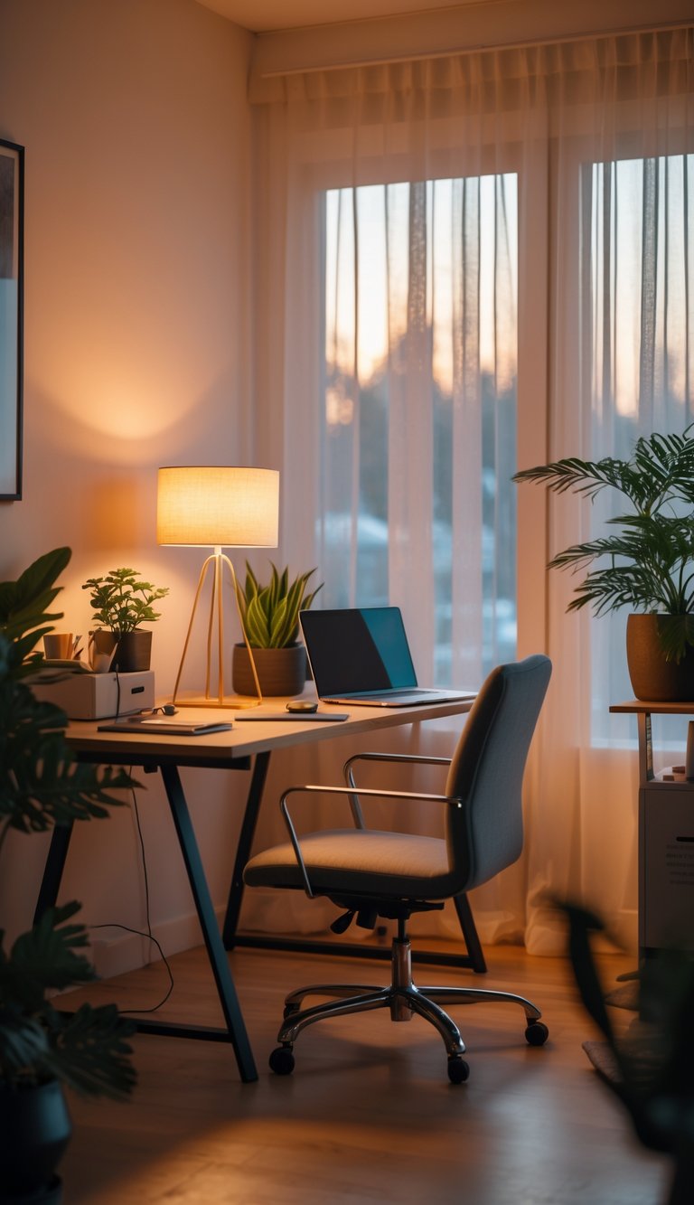 A cozy home office with a desk, lamp emitting warm light, plants by a window, and natural daylight filtering through curtains.