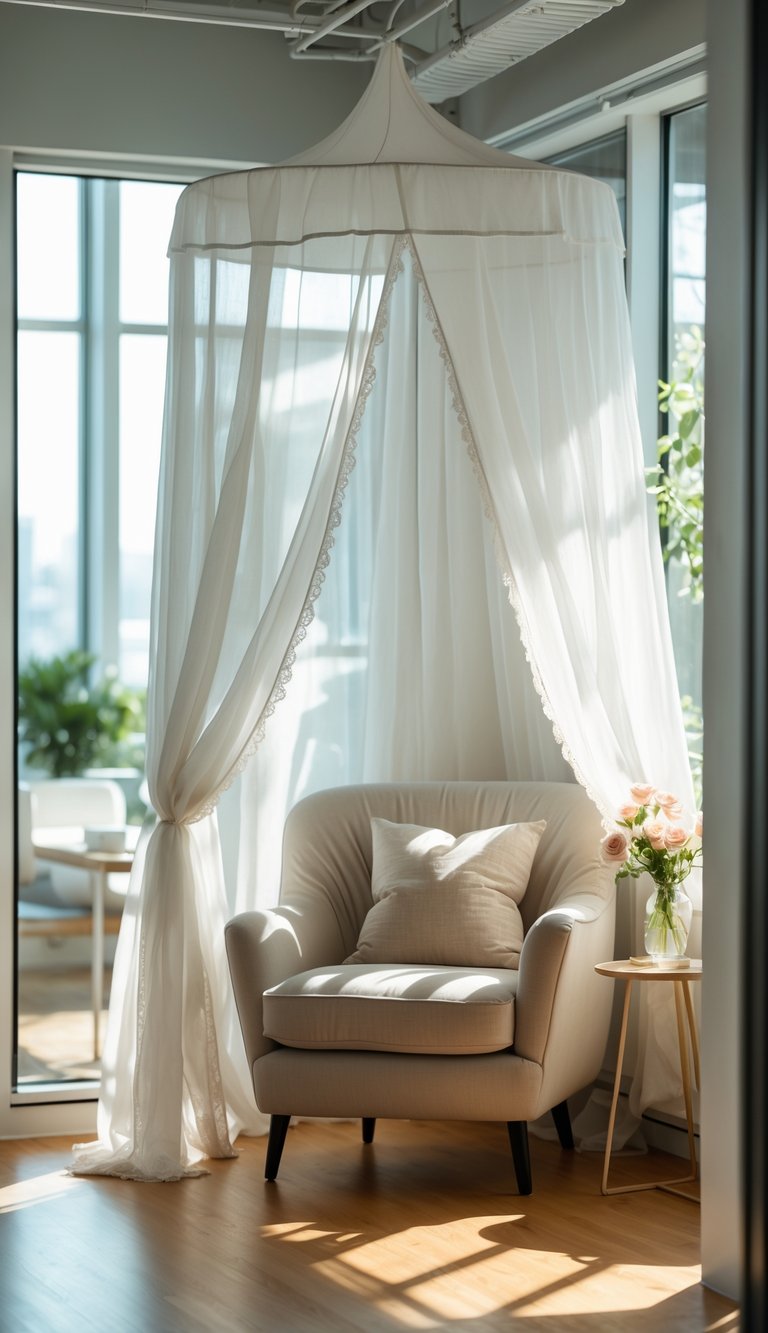 A bright seating nook with a sheer fabric canopy, an armchair, and natural light coming through large windows.