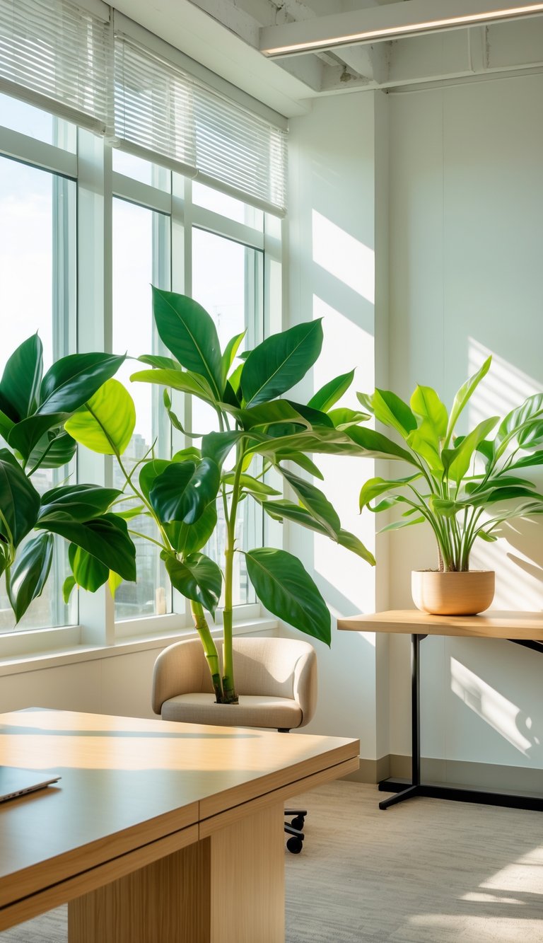 A bright office space with glossy-leaved rubber plants near large windows, sunlight reflecting off the leaves onto a wooden desk and white walls.