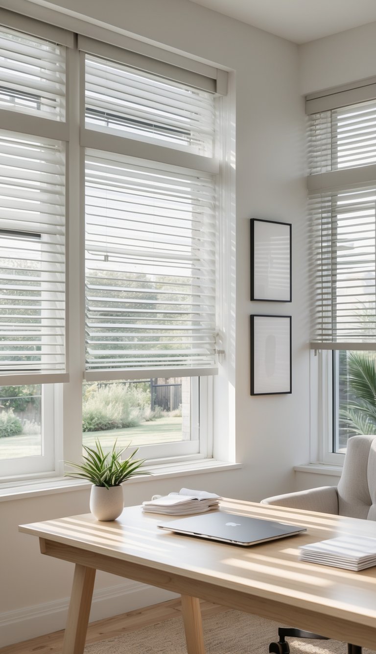 A bright office with large windows and adjustable Venetian blinds casting patterned light and shadows on a wooden desk with a laptop and plant.