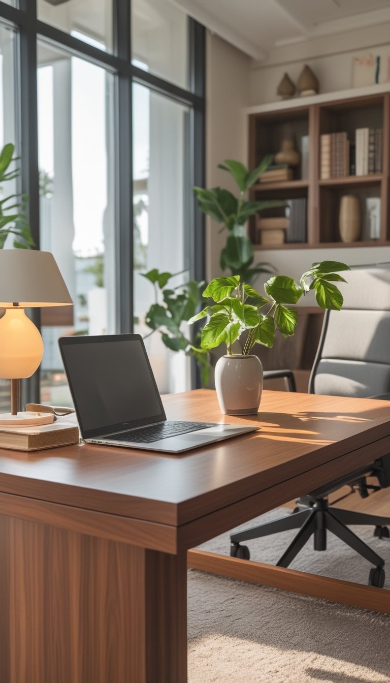 A bright office with a wooden desk, laptop, desk lamp, potted plant, bookshelves, and large windows letting in natural light.