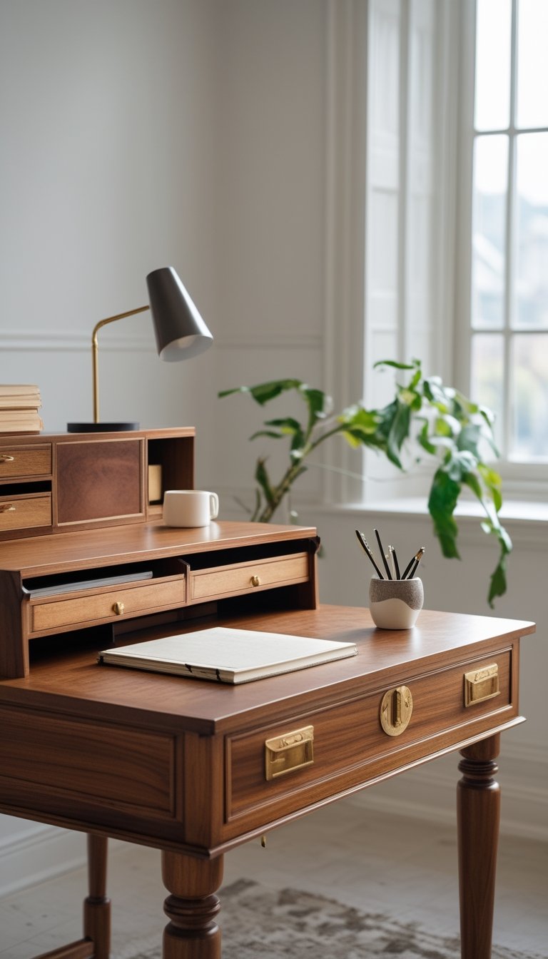 A warm walnut roll-top desk with brass hardware in a bright office, with a lamp, pens, a notebook, and a small plant on the desk.