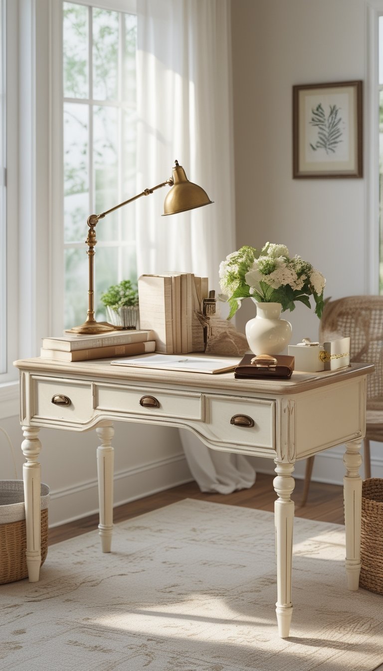 A cream-painted French farmhouse writing desk in a bright home office with a desk lamp, books, flowers, and natural light.