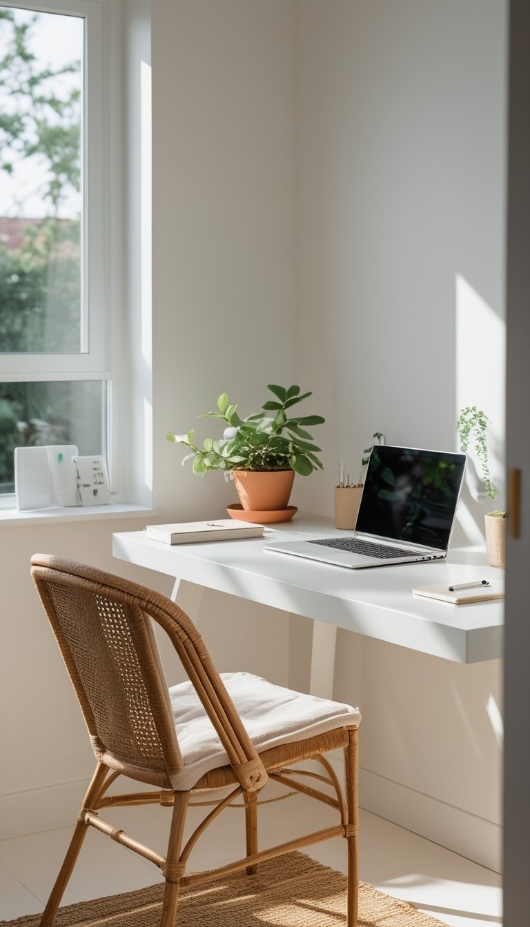 A bright home office corner with a desk by a large window and a woven rattan chair.
