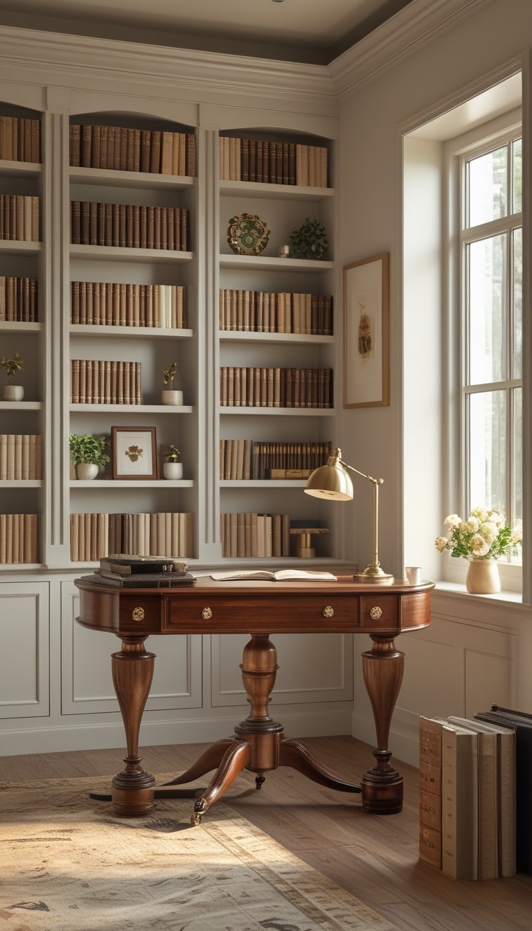 A built-in bookcase filled with books surrounds a vintage wooden pedestal desk with a lamp and flowers in an office.