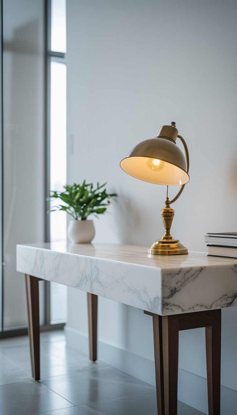 A marble-topped console desk with a brass lamp in a bright, tidy office space.