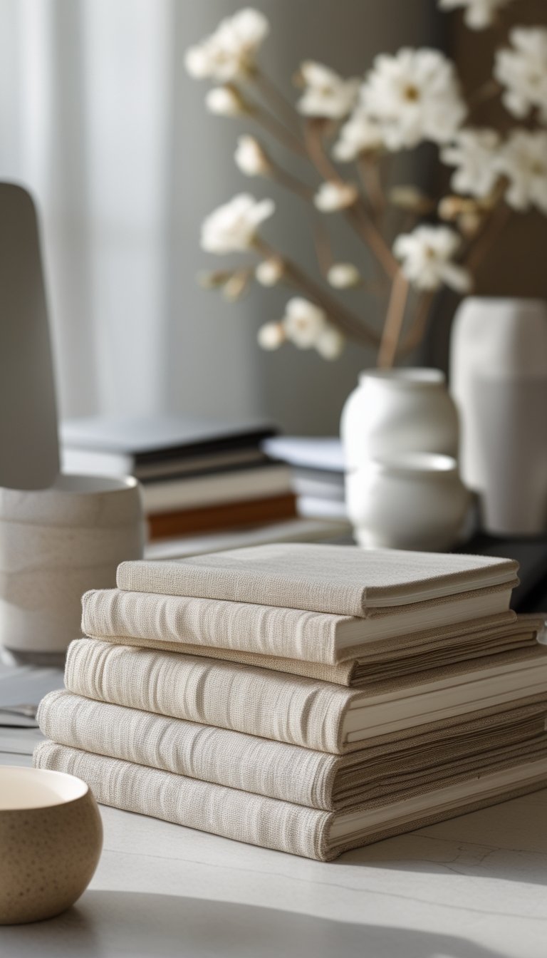 A neatly stacked set of linen-bound books next to ceramic vases and cups on a desk.