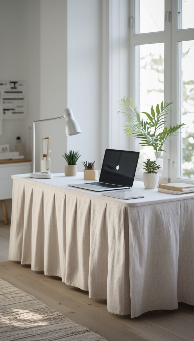 A tidy home office desk with a soft linen skirt hiding storage underneath, featuring a laptop, plant, and desk lamp by a window with natural light.