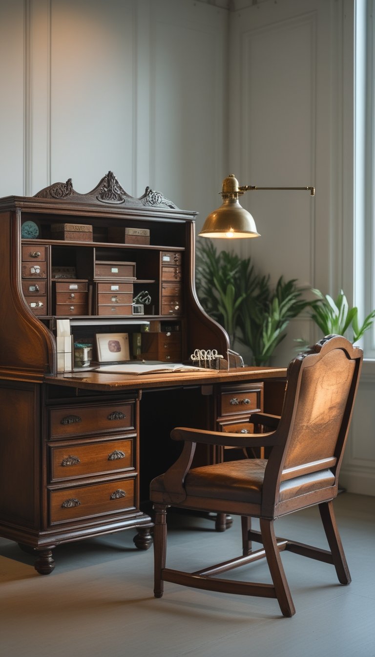 An antique wooden secretary desk with an open workspace and an aged leather chair in a bright office setting.