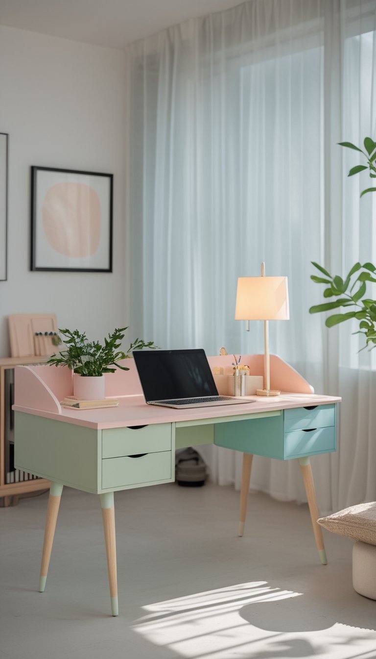 A pastel-colored desk with a laptop, lamp, plant, and stationery in a bright office with large windows and soft natural light.