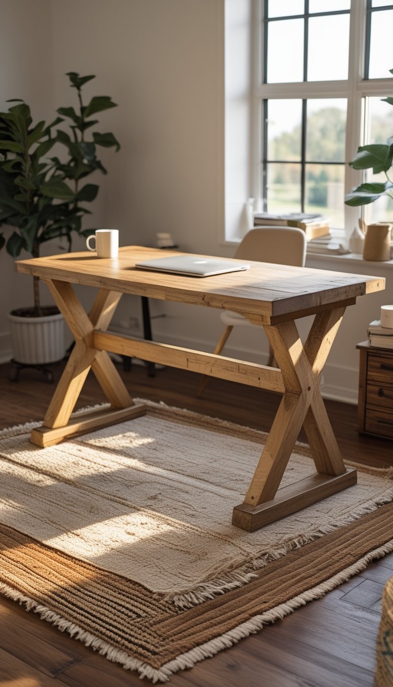A wooden farmhouse trestle desk set over layered rugs with office items like a laptop, books, and a plant nearby.