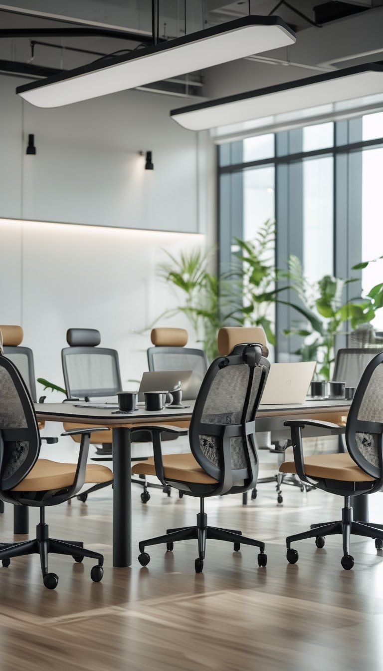 Eight modern office chairs arranged around a conference table in a bright, well-lit office space.