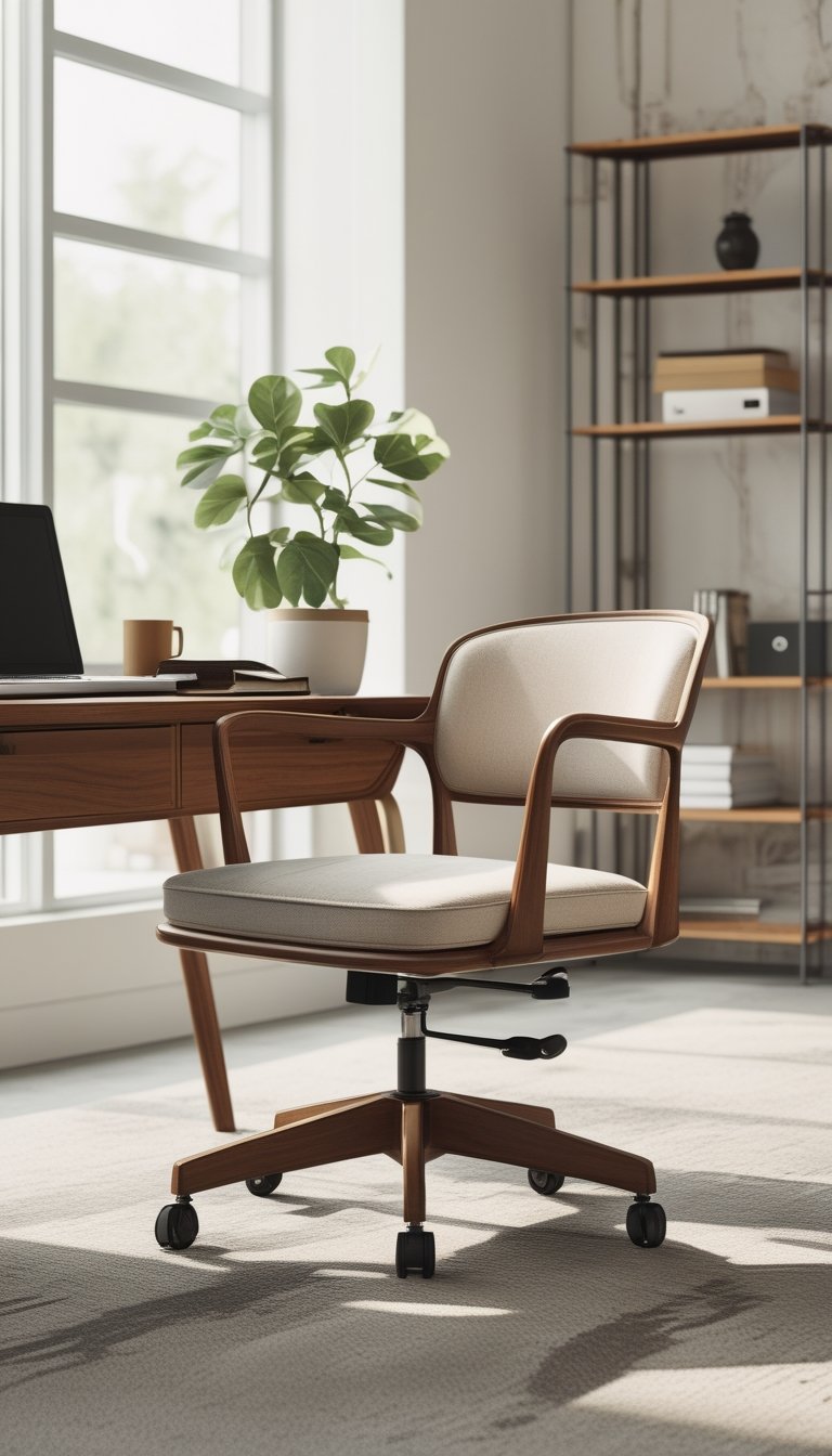 An office scene with a wooden desk and a cushioned office chair next to a laptop, notebook, and plant in a well-lit room.