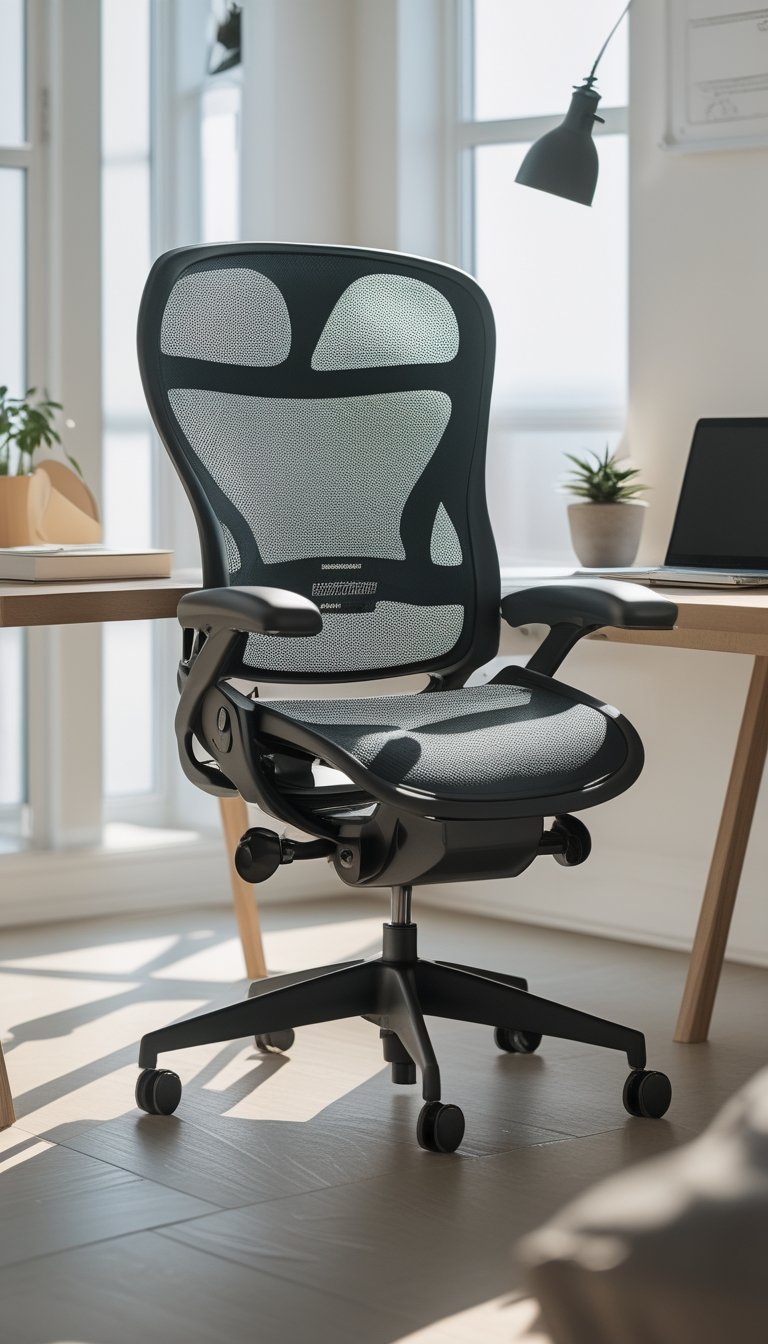 A modern ergonomic office chair in front of a wooden desk with a laptop and plant in a bright home office.