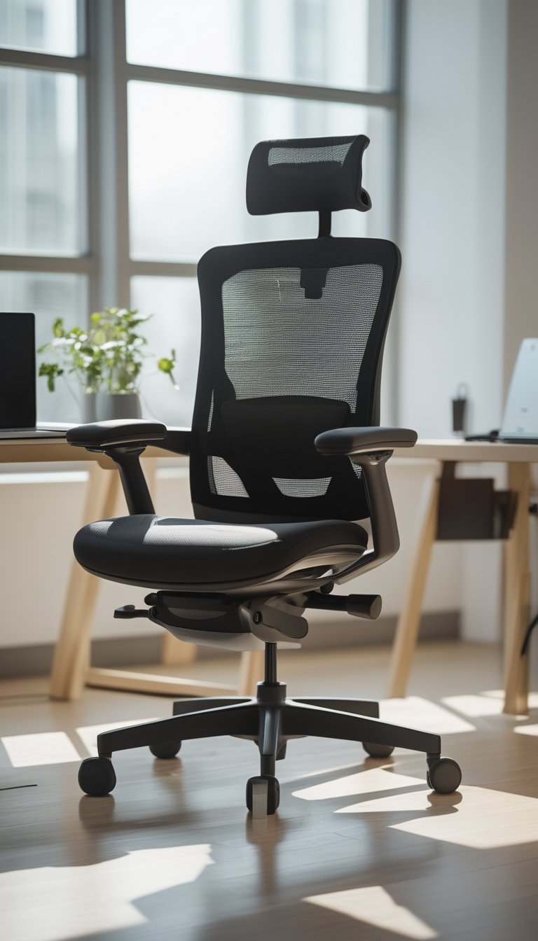 A Humanscale Freedom Headrest Chair in an office setting with a desk, laptop, and plant nearby.