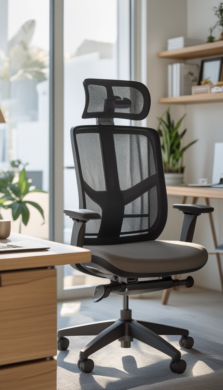An ergonomic office chair with a forward-tilt design in a bright home office next to a desk with a laptop and coffee cup.