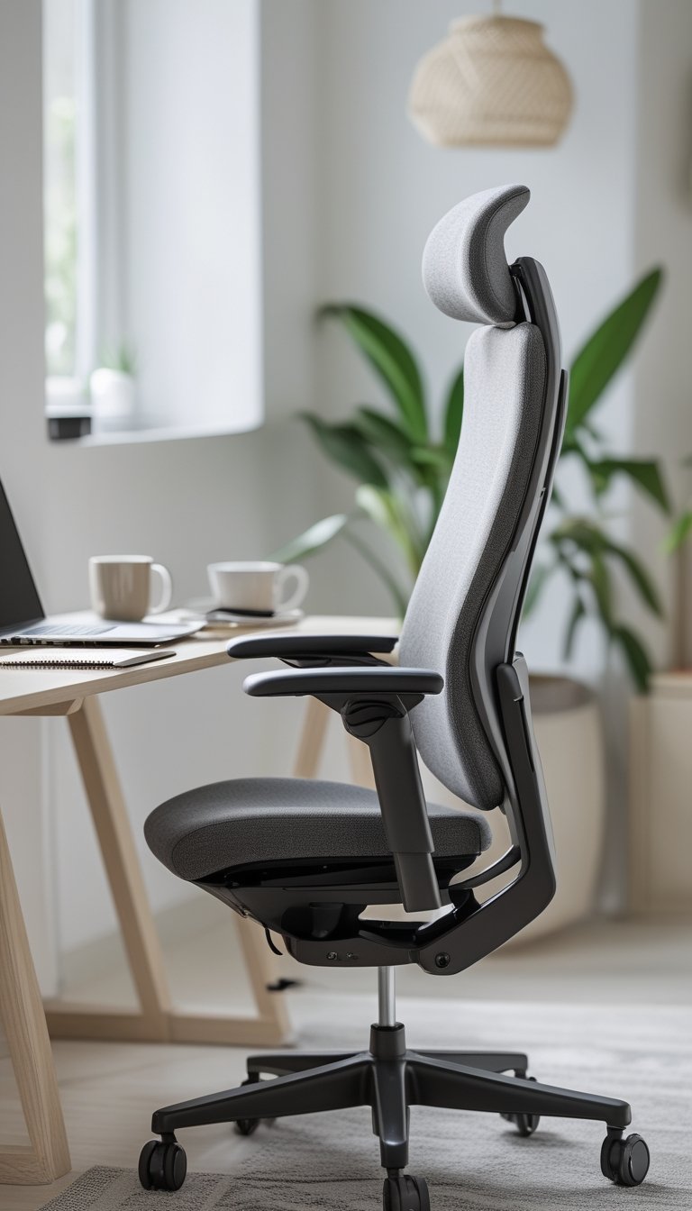 A modern ergonomic office chair in a bright home office with a desk, laptop, coffee mug, and a small plant.