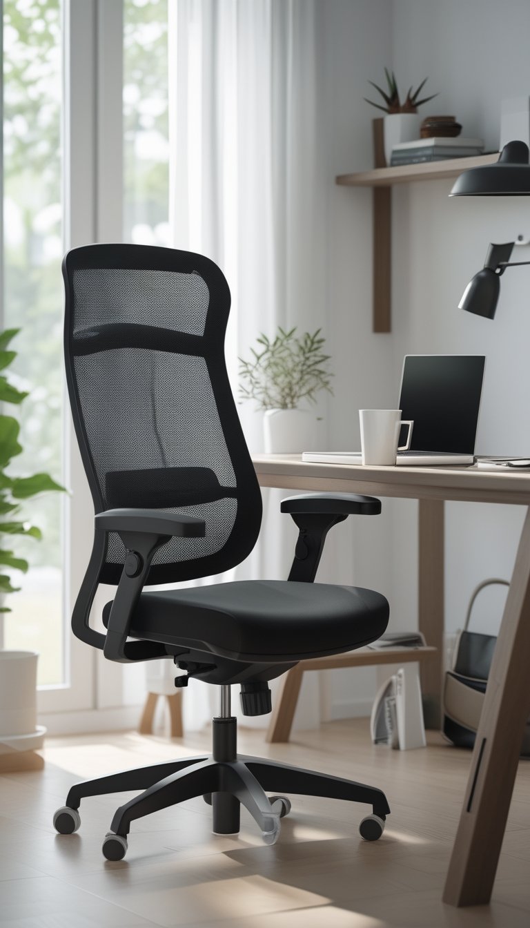 A black high-back swivel office chair next to a desk with a laptop and coffee cup in a bright, tidy home office.