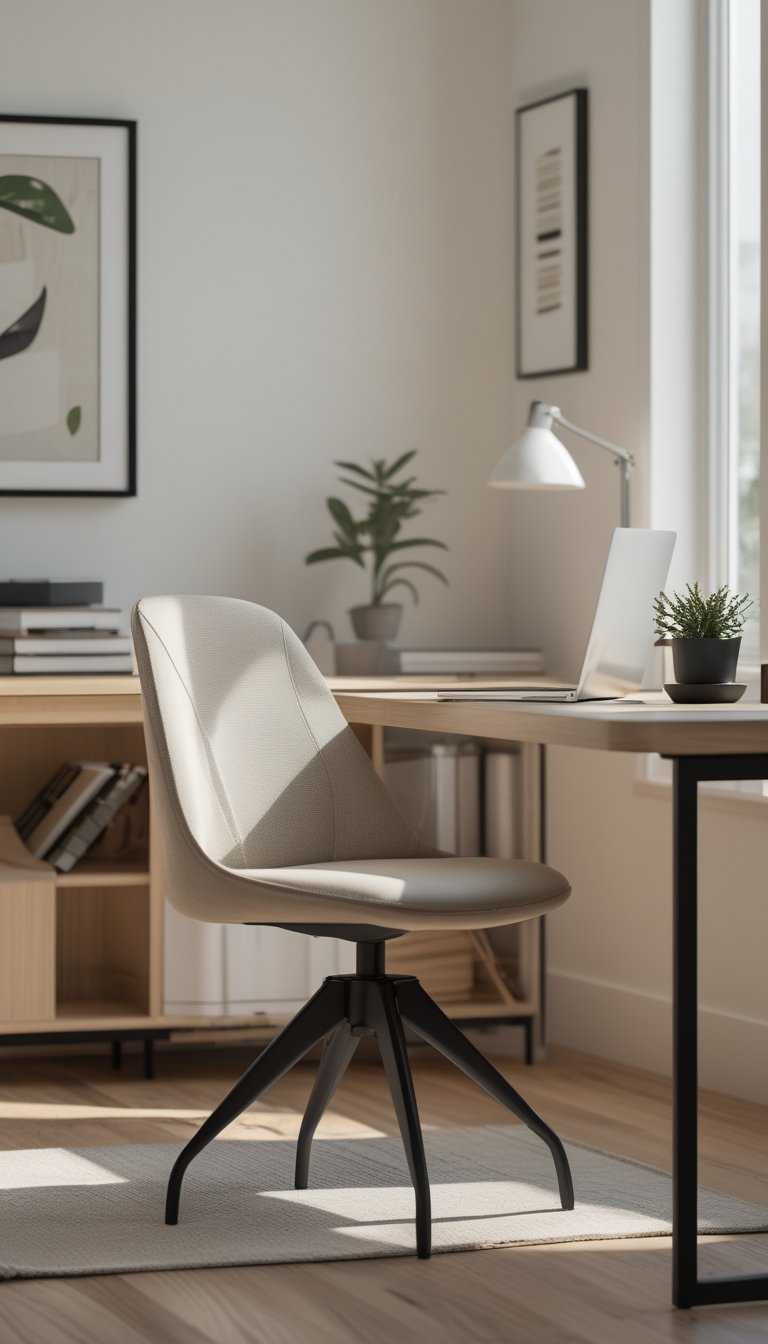 A modern office chair at a wooden desk in a bright home office with a laptop, notebook, coffee cup, and a small plant.