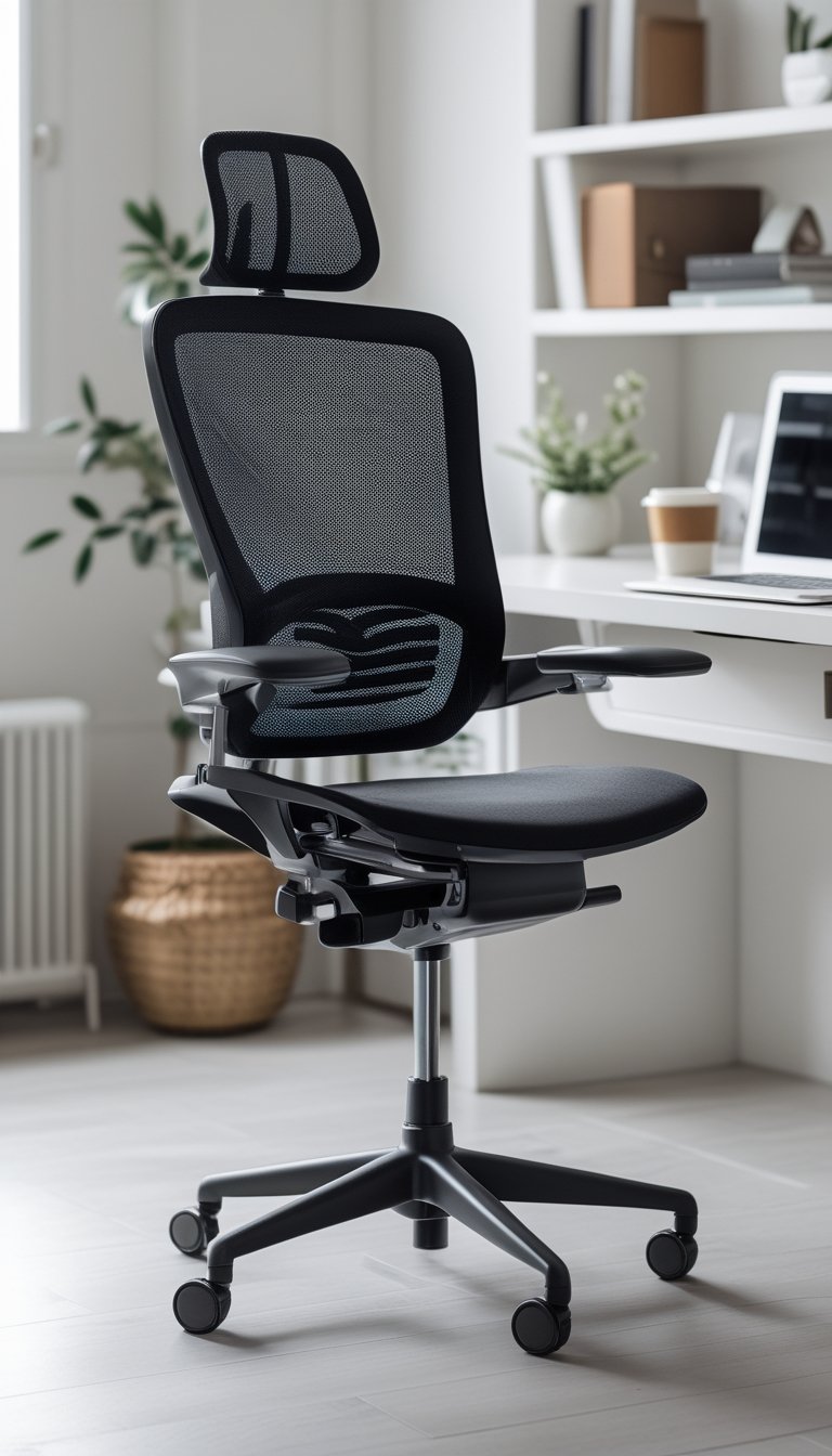 An ergonomic office chair at a desk with a laptop, notebook, and coffee cup in a bright, organized workspace.