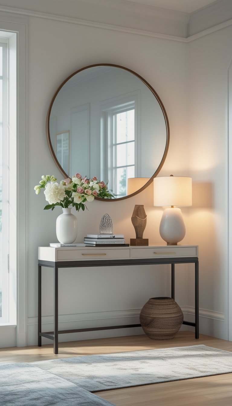 A well-decorated console table in an entryway with a vase of flowers, books, a sculpture, a lamp, and a round mirror on the wall.